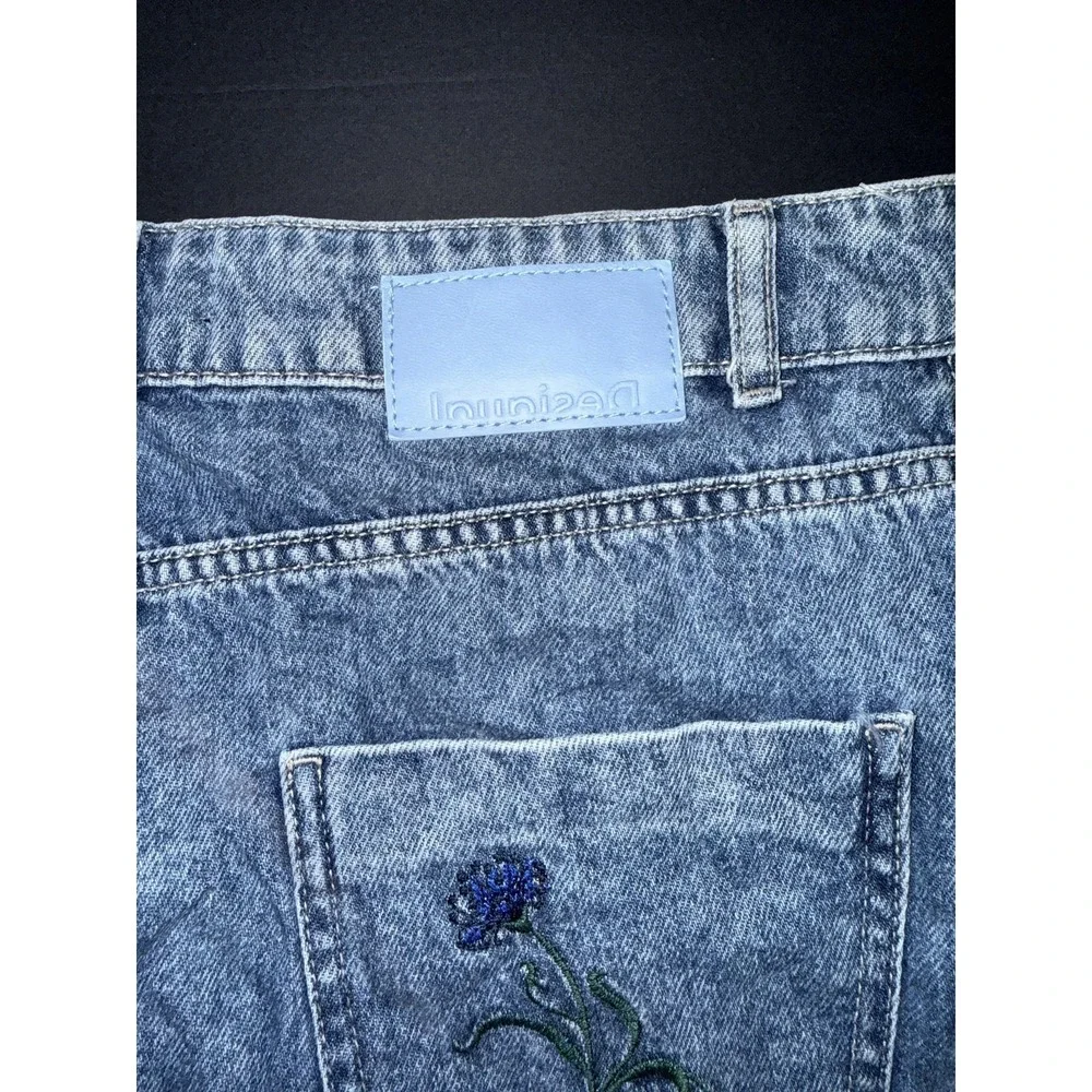 Desigual Floral Embroidered Denim Mini Skirt Button Front Raw Hem Blue Size 40 - Picture 6 of 9